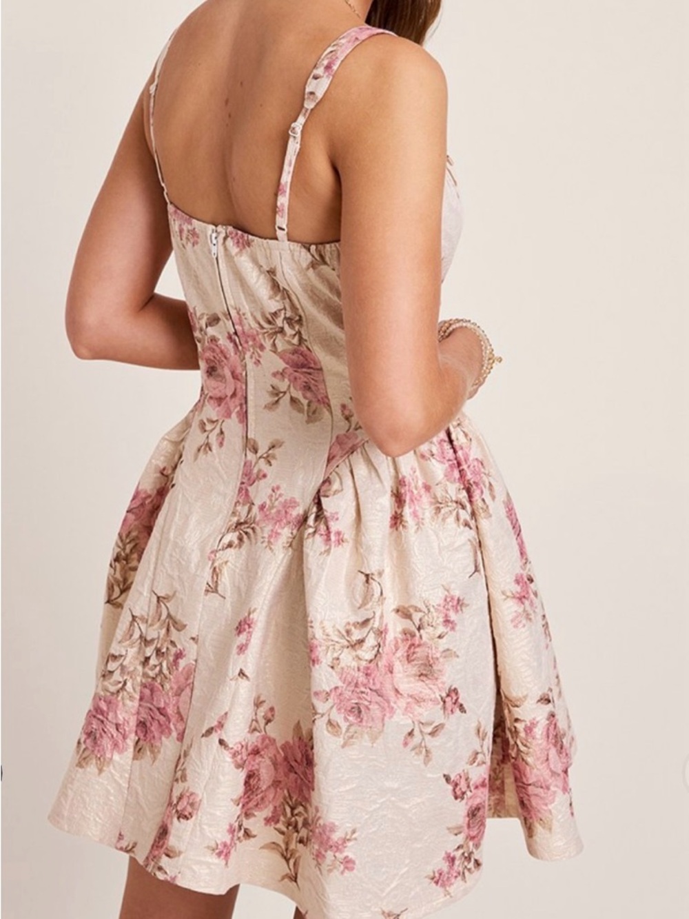 Francesca’s Amelia Floral Jacquard Mini Dress Small Fairycore Cottage Bow NWT - Picture 12 of 14